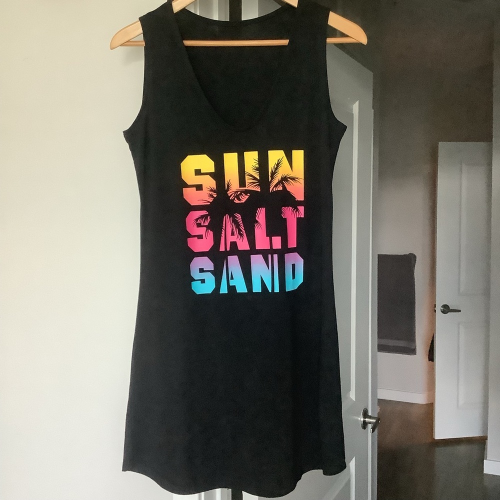 Black Sleeveless Beach Graphic Dress "Sun Salty Sand"